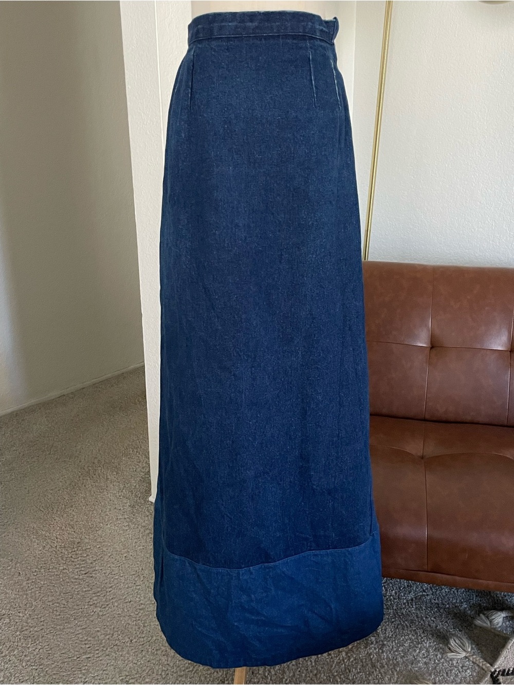 Vintage 1970s Western Boho Denim Maxi Skirt Dark Wash